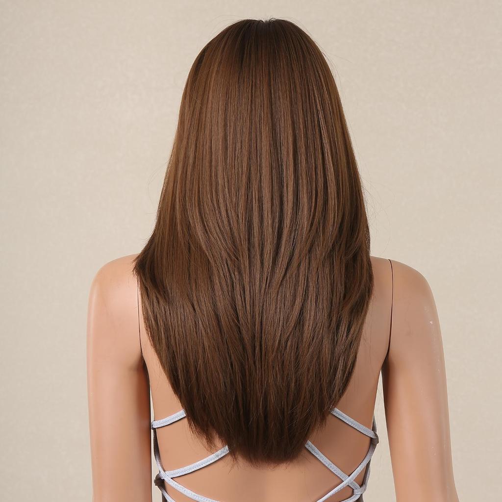HAIRCUBE Длинные прямые коричневые синтетические парики для женщин Натуральные волосы Парики с темными корнями с челкой Ежедневные вечерние термостойкие парики