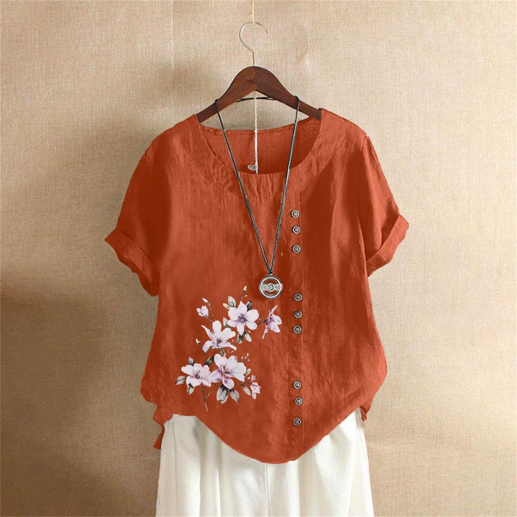 Хлопковая и льняная женская одежда Лето и осень Ретро Повседневная свободная хлопковая и льняная футболка с коротким рукавом Женская одежда больших размеров