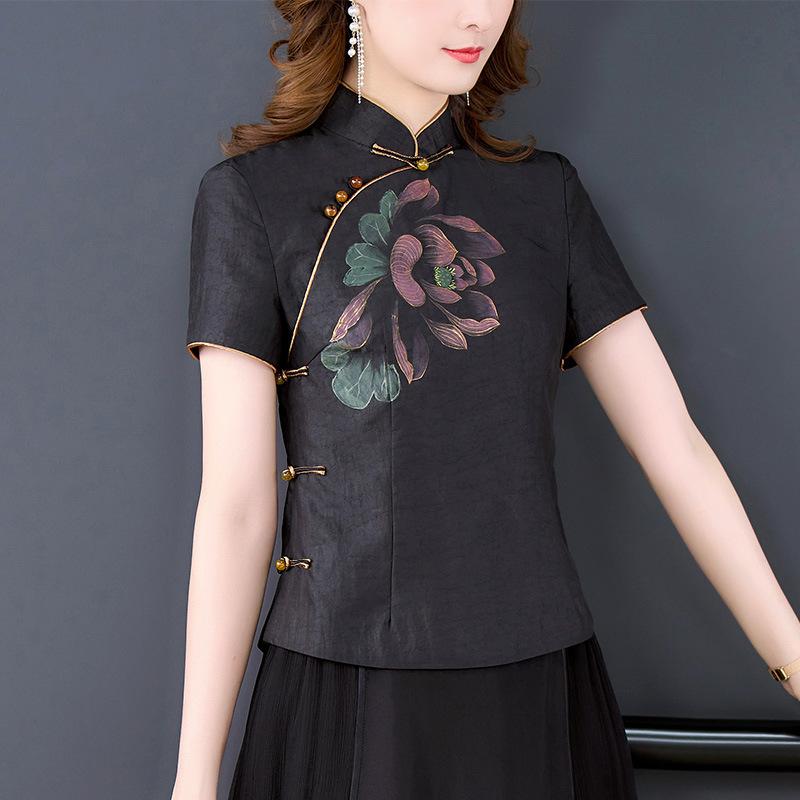 Шелковая рубашка Xiangyunsha с короткими рукавами, женская летняя одежда, новая рубашка на пуговицах в китайском стиле, шелковый топ для мам из тутового шелкопряда