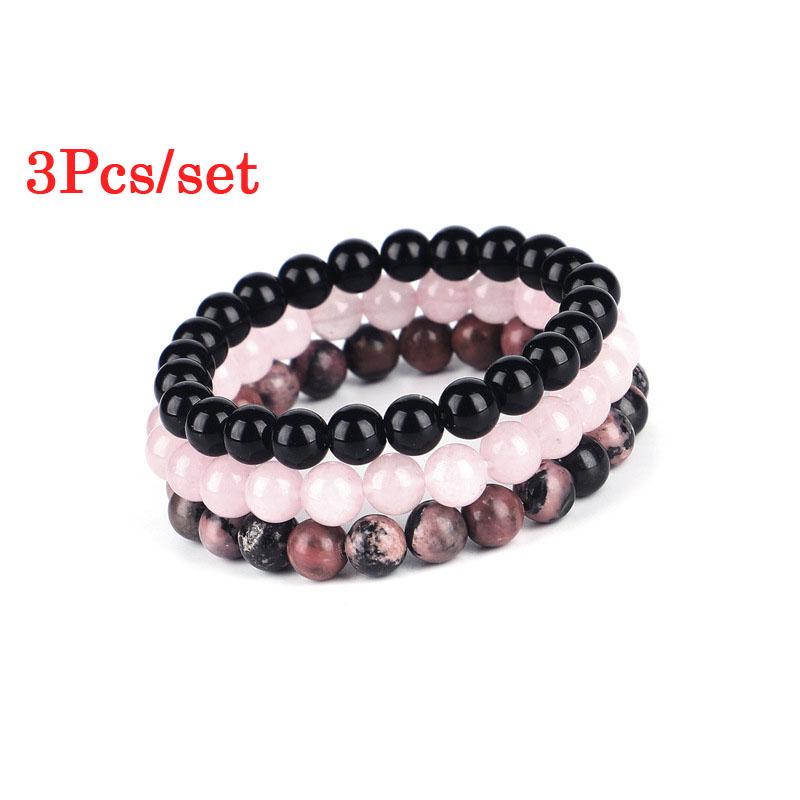3Pcs/set Natural Stone 8mm Black Onyx Rhodonite Rose Quartzs Beaded Wrist Stackable Bracelets