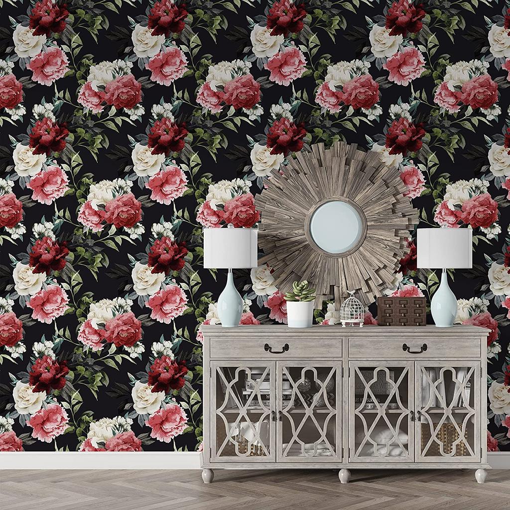 Красные цветочные обои самоклейка Черно-белые винтажные цветы Съемная контактная бумага Виниловые самоклеящиеся обои для декора