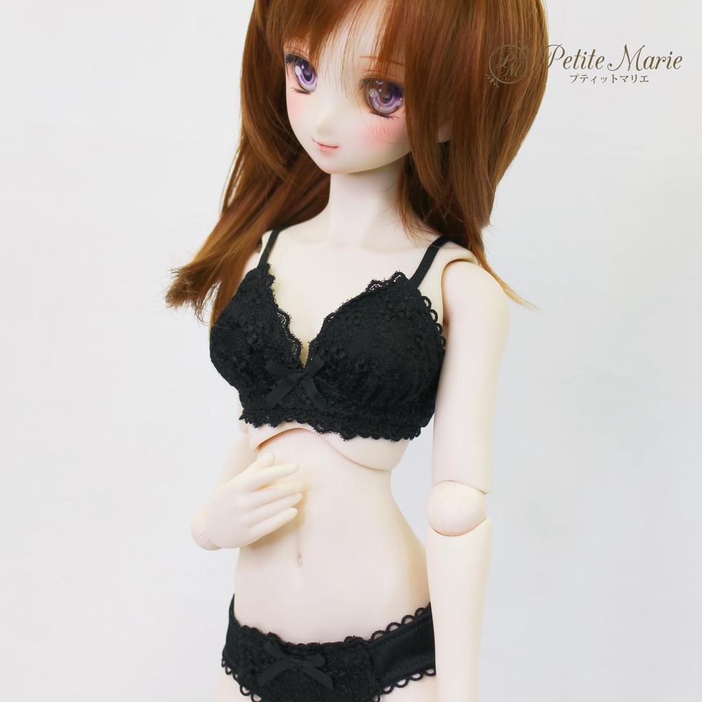 [Petite Marie] Комплект нижнего белья, подходящий для бюста размера 13 DD DDS M: Комплект бюстгальтера и трусиков, Черный, Гладкий материал, Цветочная вышивка, Цветочное кружево, Кукла 60 см, BJD