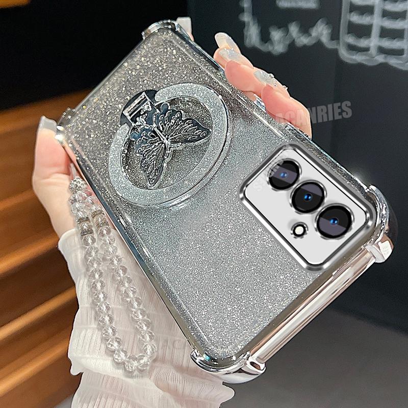 Чехол-шнурок держатель для телефона в виде бабочки для Samsung Galaxy A16 A26 A36 A56 5g A05s с гальваническим покрытием, противоударный, силиконовый, с подставкой