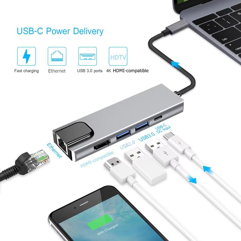 5 в 1 USB C HUB Type C док-станция 4K 30 Гц HDMI-совместимый RJ45 Lan Ethernet разветвитель SD/TF PD 100 Вт адаптер для ноутбука Macbook