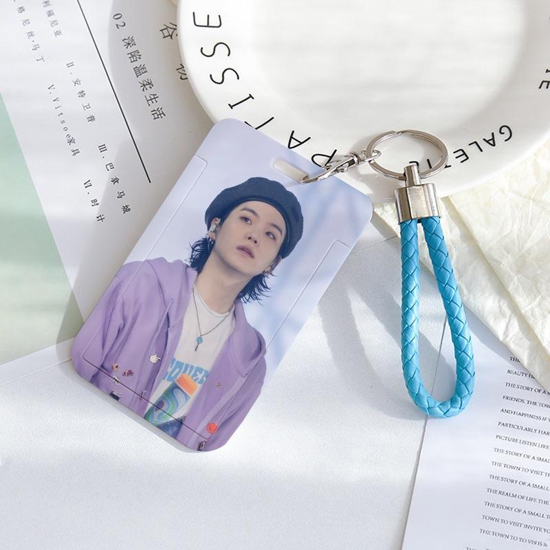 BTS Sliding Photocard Holder, Protective ID Badge Card Case with Braided Keychain Strap, Student Campus Bus Meal Card Protector Merch for ARMY
