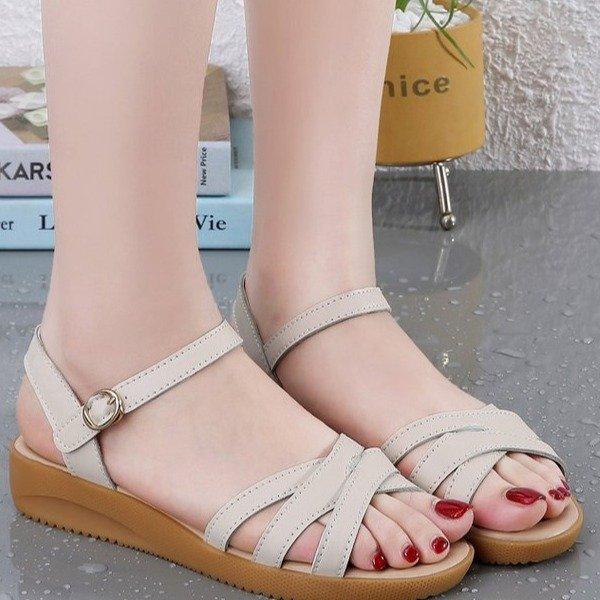 Сандалии из мягкой кожи с подошвой из говяжьих сухожилий, женские летние сандалии на плоской подошве, на низком каблуке, средней высоты, для матери, с мягкой подошвой, удобные для людей среднего и пожилого возраста