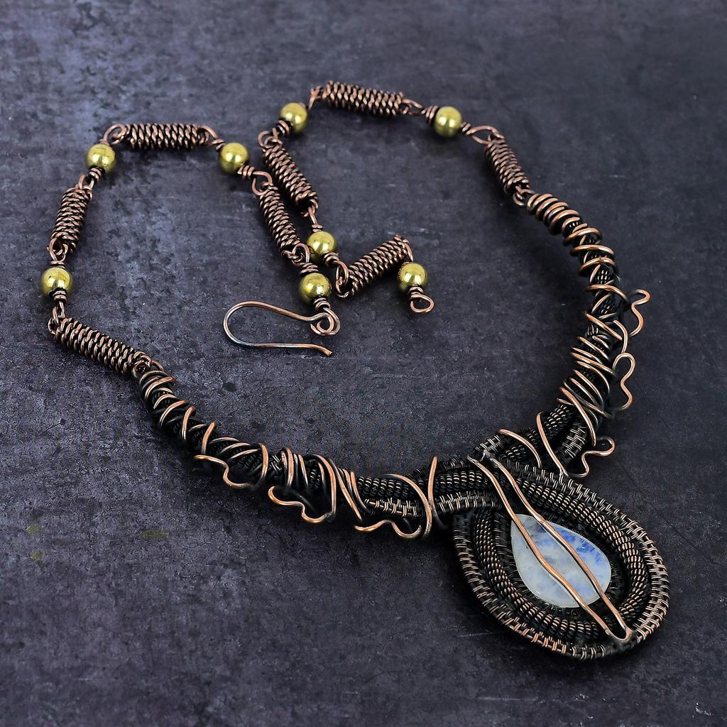 Радужный лунный камень драгоценный камень ручной работы медная проволочная ожерелье 18" B5W33