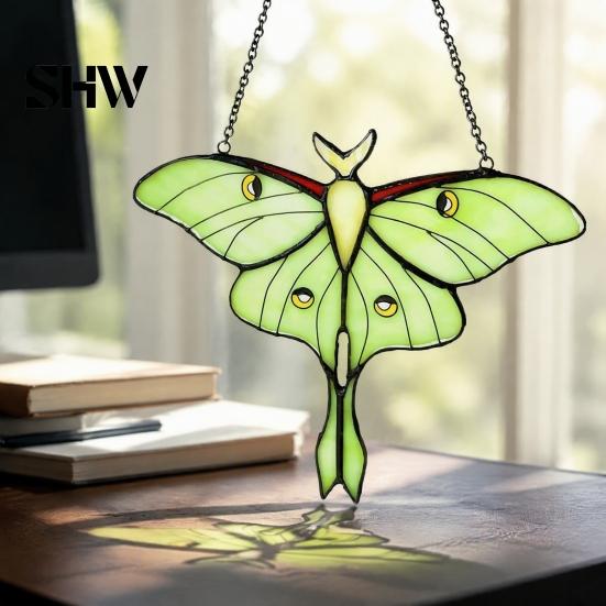 Garden Patio Hanging Ornament Stained Glass Style Window Hanging, Acrylic Moth Suncatcher, Decorative Pendant with Rainbow Maker for Nursery