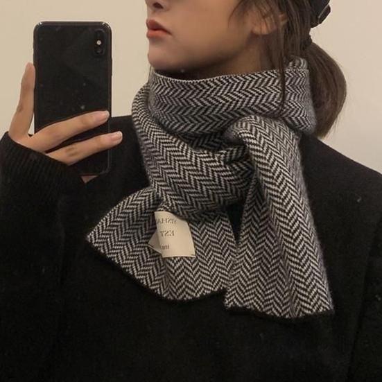 Winter Scarf Thickened Knitted Color Matching Printed Elastic Stay Warm Anti-shrink Lady School Outdoor Scarf Clothes Accessories