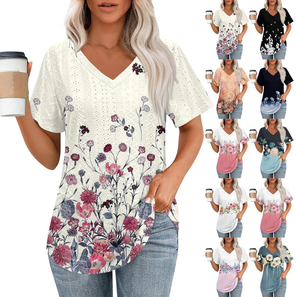 Womens T Shirts V Neck Short Sleeve Casual Tops Loose Fit Basic Tees With Curved Hem