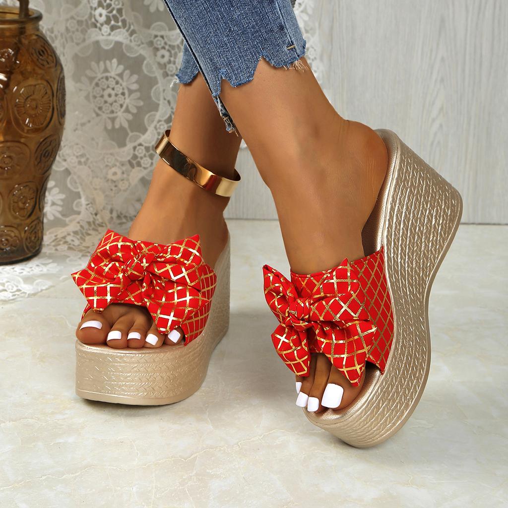 Модные летние женские шлепанцы на танкетке с леопардовым принтом и бантом, водонепроницаемые шлепанцы на платформе для улицы и отдыха, большой размер Zapatillas De Mujer