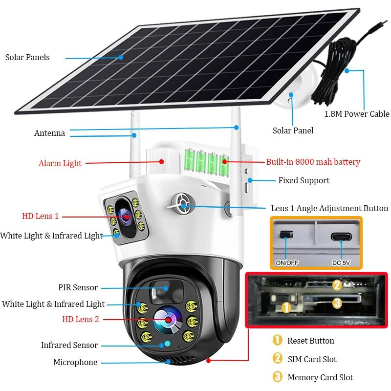 LS VISION 8MP Solar Camera 4G Wireless WiFi Dual Lens CCTV 4K Dual Screen Security Protection Human Detection PTZ Waterproof Outdoors Cam