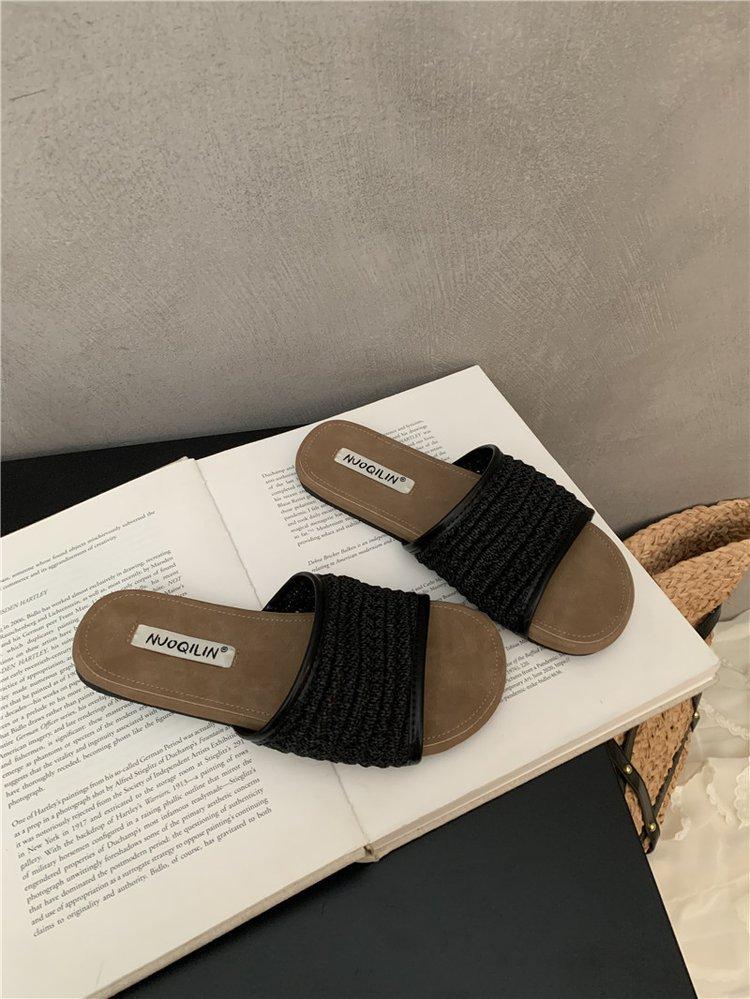 Summer Lazy Wind~ Woven Cross-Strap One-Word Slippers Women's 2025 Summer New Vacation Wind Flat-bottomed Cool Slippers