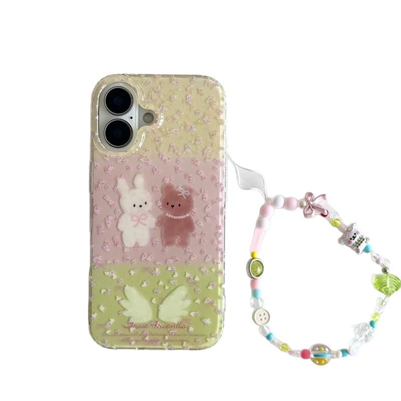 Чехол для iPhone с розовыми цветами и медвежонком/кроликом для 17, 16 Pro Max, 15, 14