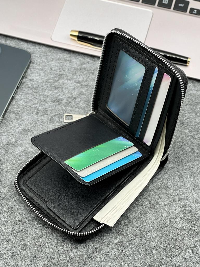 Zippered Slim Mens PU Wallet - Compact Size for Coins & Cards - Business Design