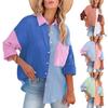 Women's Mid-Length Shirt Contrast Color Lapel Casual Style Single Breasted Long Sleeve Top