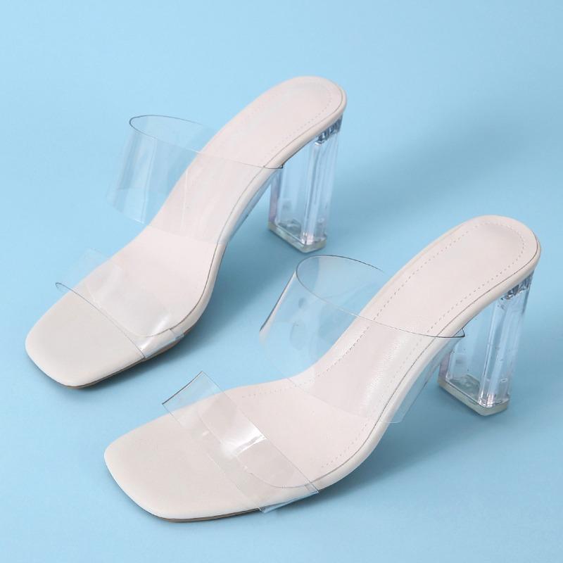 Fashion 2024 Summer New Square Headed Open Toe Transparent Sexy and Comfortable External Wearing Slippers Versatile High Heels