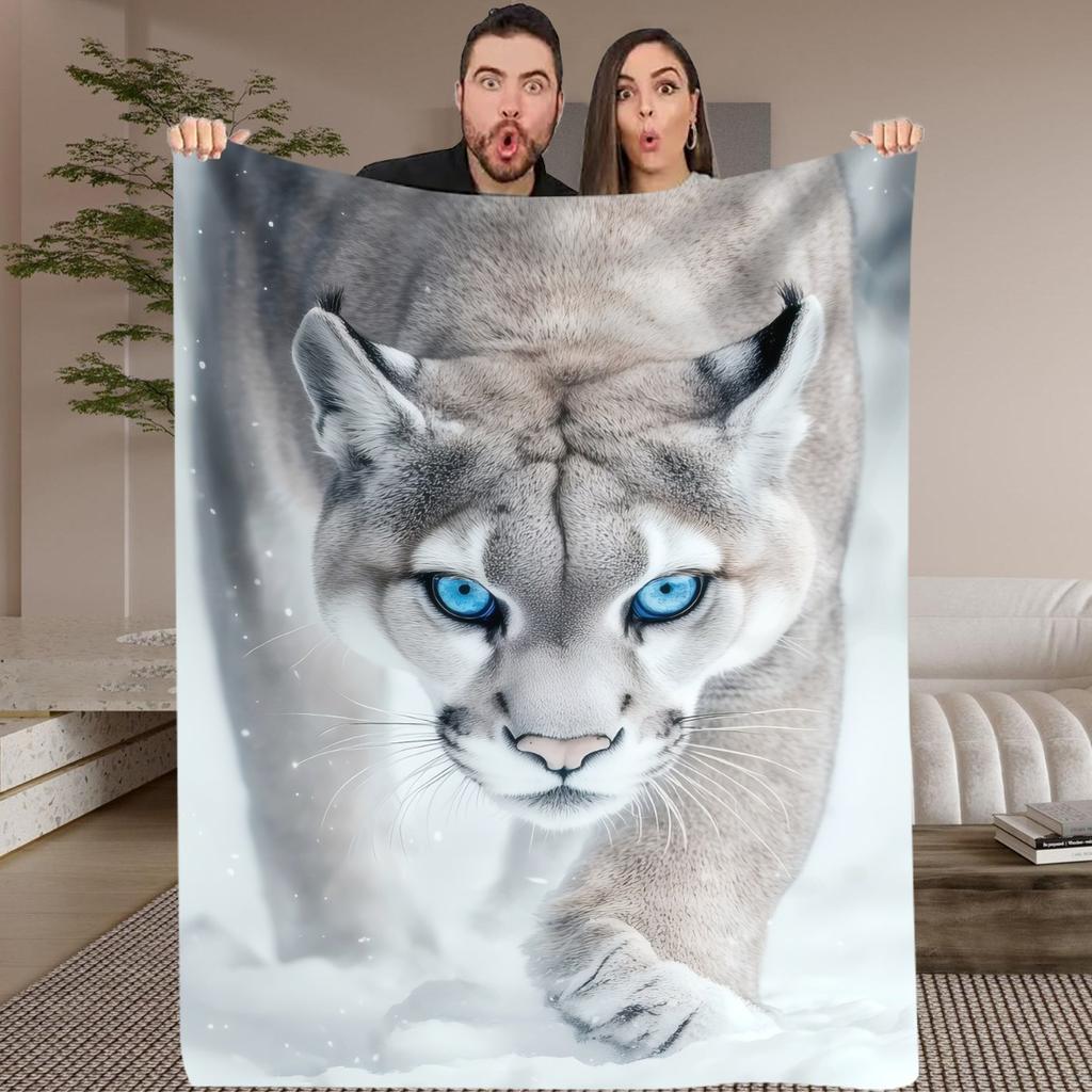 1pc Snow Leopard Blue Eyes Throw Blanket - Realistic Wildlife design with Snow Leopard Headshot, Soft Flannel All-Season Blanket