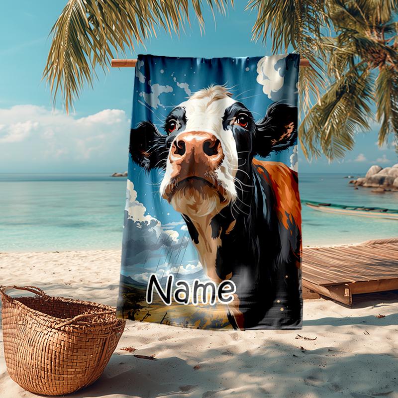 Custom Name Ultra-Soft Beach Towel with Cow Theme,Ideal for Pool - Camping, Diving - Perfect Travel Essential, Vibrant Beach Towel.