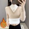 Half-turtle Collar Velvet Sweater for Women Stylish Striped Fake Two-piece Winter Velvet Thickened Versatile Bottoming Shirt