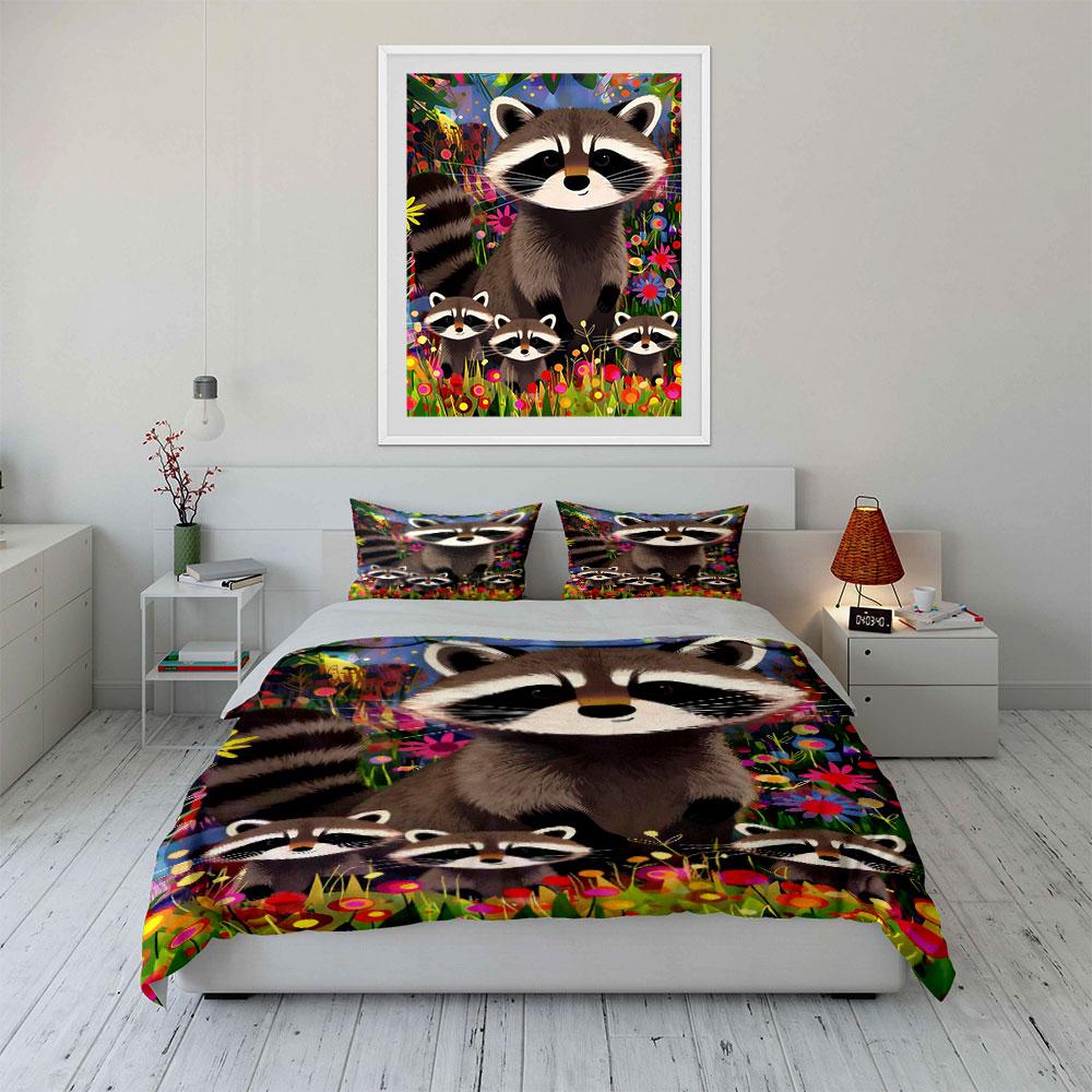 Raccoons surrounded by flowers. Bedding sets Duvet cover sets Duvet covers Pillowcases(1 * Duvet Cover 2 * Pillowcases without duvet insert)