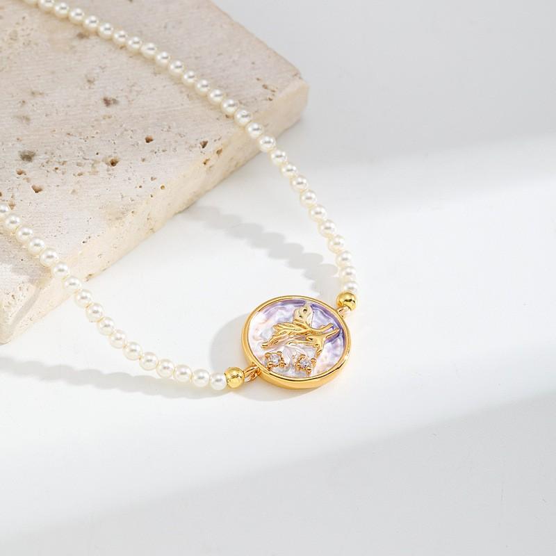 Elegant Glass Pearl Bracelet Women With Zircon Accents 18K Gold Plated Copper Geometric Floral Design