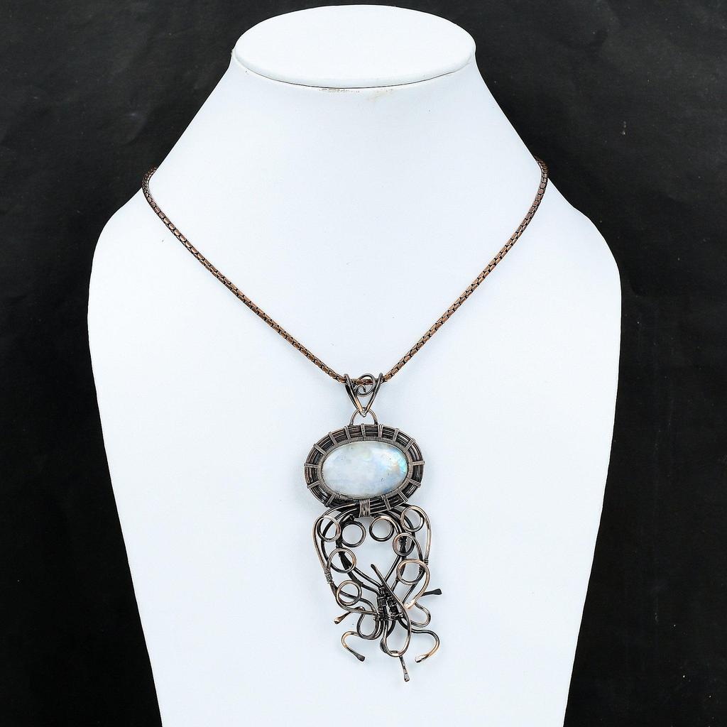 Moonstone Gemstone Copper Wire Wrap Handmade Pendant Jewelry Gift For Her