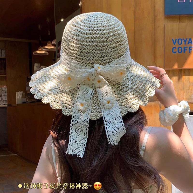 Women's Summer French Style Floral Lace Bowknot Straw Hat Beach Vacation Wide Brim Sun Protection Sun Hat