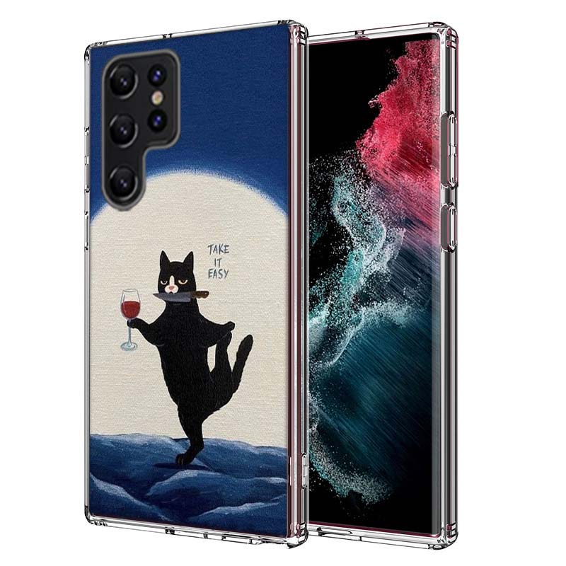 Cute Cat Funny Wine Art Capa Phone Case For Samsung S26 Ultra S25 Edge Galaxy S23 S21 S20 S24 FE S22 S10 Plus Cover Clear TPU Sh