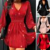 Women Dress Low Cut Deep V Neck Long Lantern Sleeves Solid Color Tight Waist Pleated A Line Big Swing Commute Lady Spring Summer Mini Dress