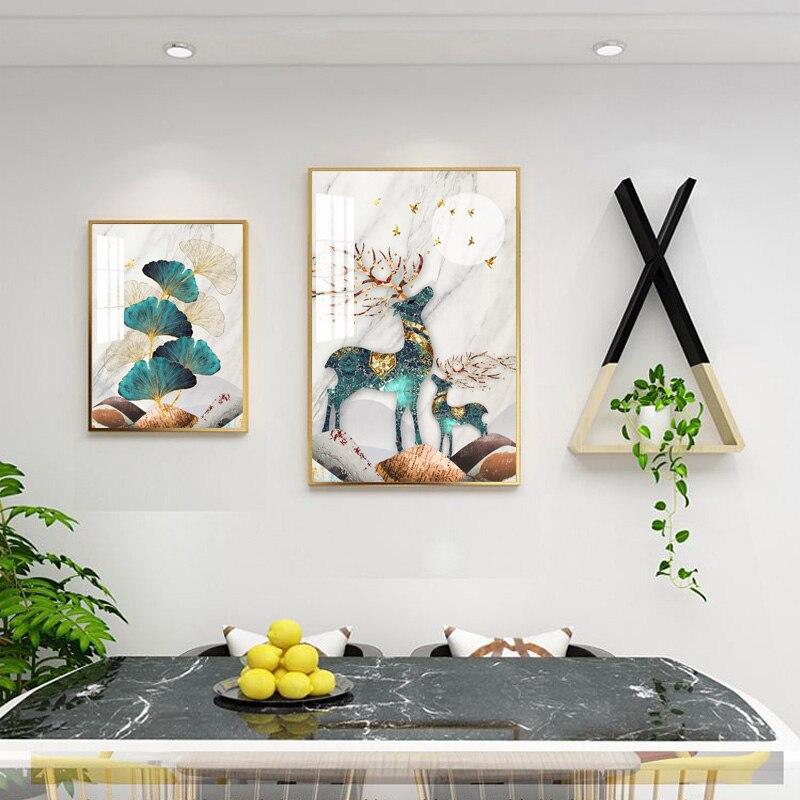 Современный роскошный лист гинкго, холст, картина, постер, золотые растения, лось, художественные принты, рождественское украшение, картина, эстетичный декор для комнаты, стены