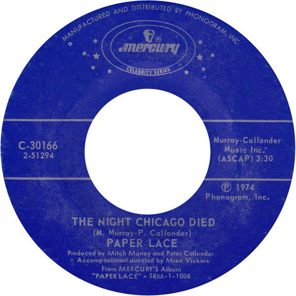 7-дюймовая пластинка БУМАЖНОЕ КРУЖЕВО The Night Chicago Died Билли Дон C30166 Mercury 1974 США Поп Б/у