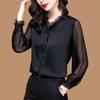 2025 Black Chiffon V-Neck Blouse: Women's Long Sleeve Loose Spring Shirt
