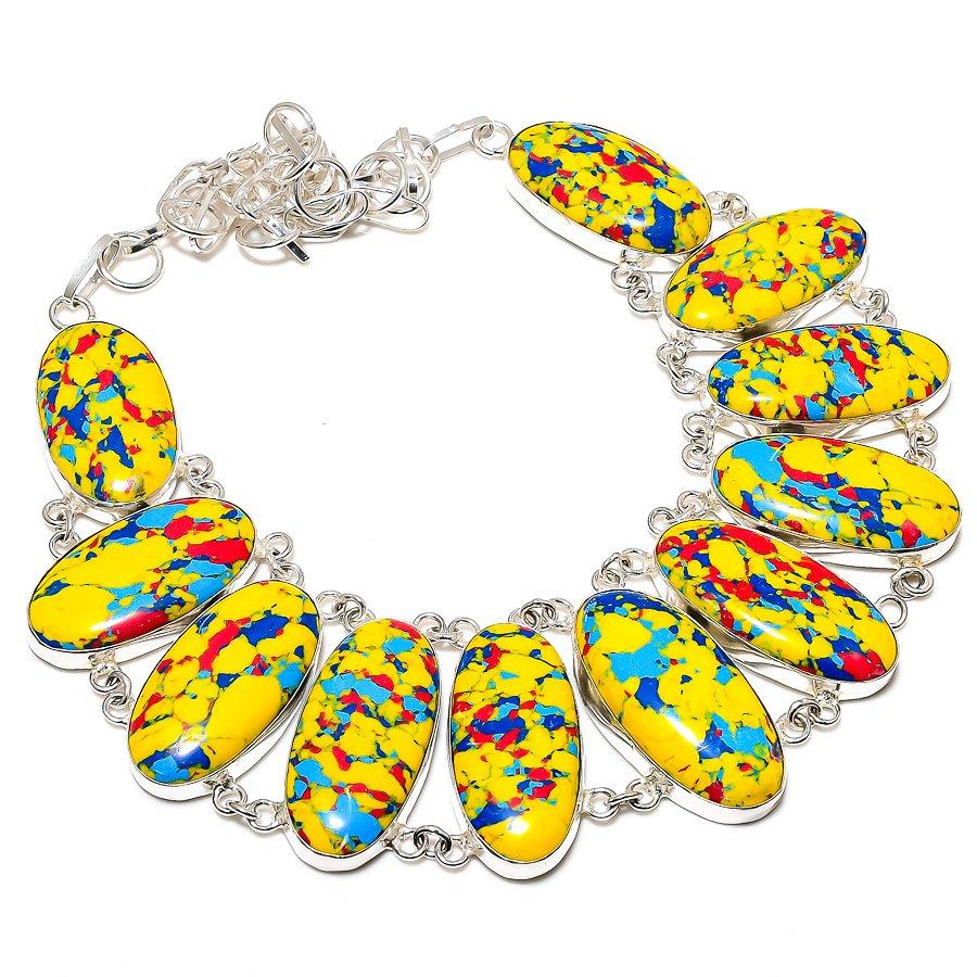 Мозаичная яшма Драгоценный камень Ручная работа Серебро 925 пробы Ювелирное колье 18" SU-9756