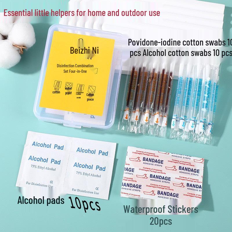 Portable 4-in-1 Emergency Kit: Alcohol Pads, Povidone-Iodine Swabs, Waterproof Band-Aids