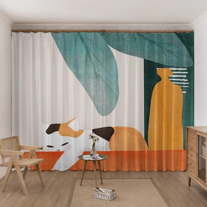 Nordic Abstract Simple High Shading Curtain Ins Fruit Cat Girl Bedroom Space Living Room Dining Room Room Artistic Fresh Shade Decor Curtain