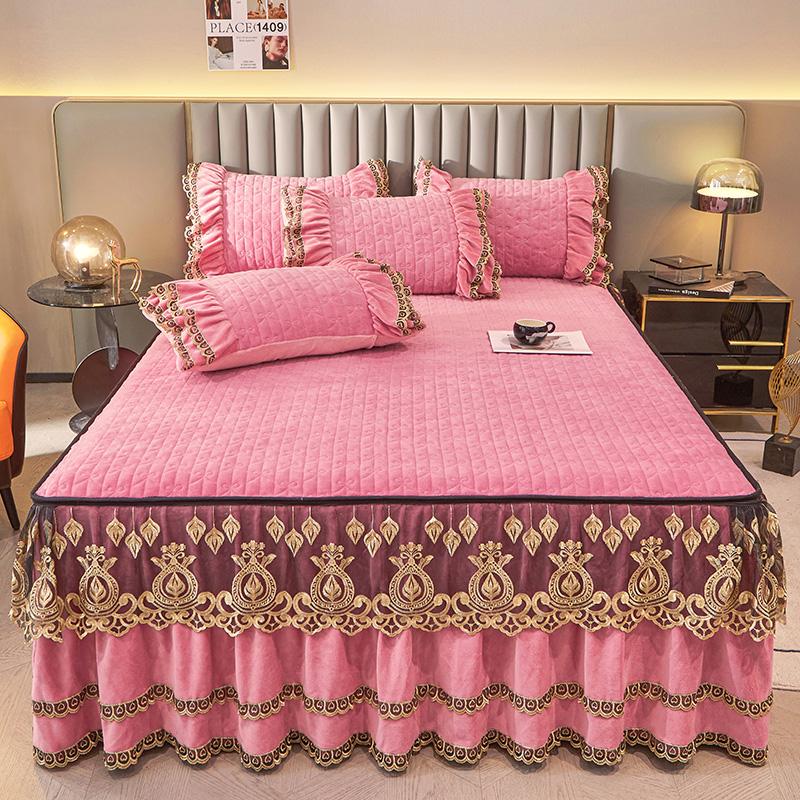 Dark Blue Luxury Lace Winter Bedspread Thick Home Bed Skirt-style Bed Sheets Embroidery Cotton European-style Bed Spreads