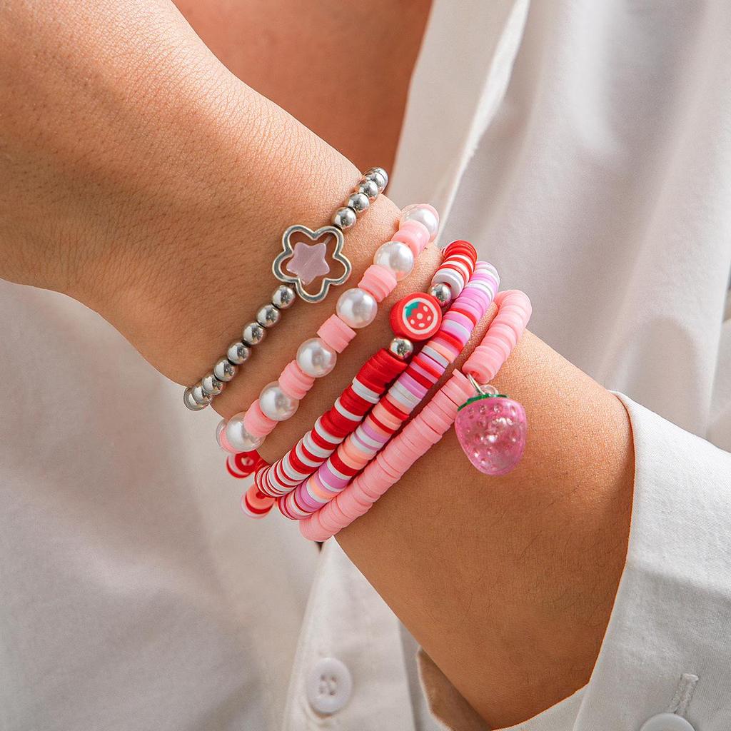 European & American Sweet Style Acrylic Beaded Bracelet Set with Cute Strawberry and Soft Clay Accents