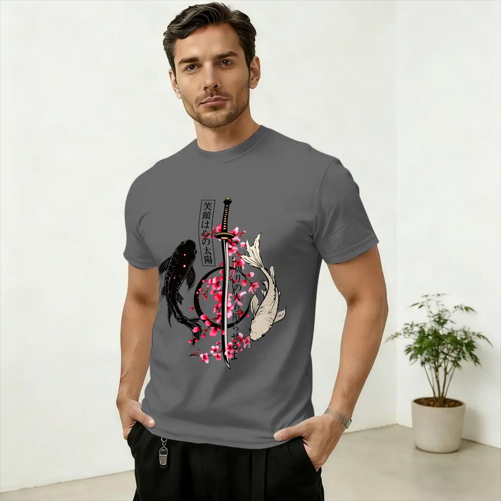 Unisexs Japanese Cherry Blossom Print T Shirt Pure Cotton Tops Funny Short Sleeve Crewneck Tee Shirt Plus Size TShirts
