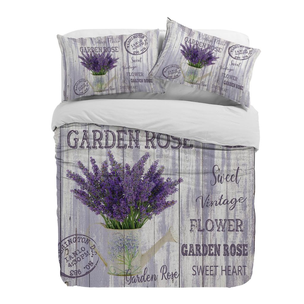 Flower Lavender Kettle Vintage Postcard Wood Duvet Cover With Pillow Case 3pcs Bedding Set Quilt Cover Double Bed Home Textile