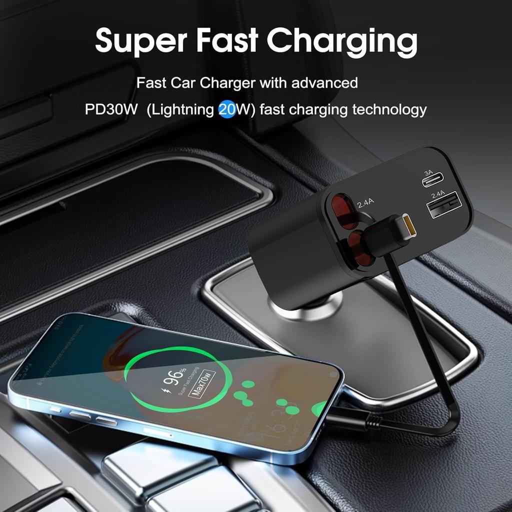Retractable 70W 4 in 1 Car Charger with Retractable Cord, Fast Car Phone Charger Adapter Compatible with iPhone 16/15/14/13/12/11, Pixel, Samsung