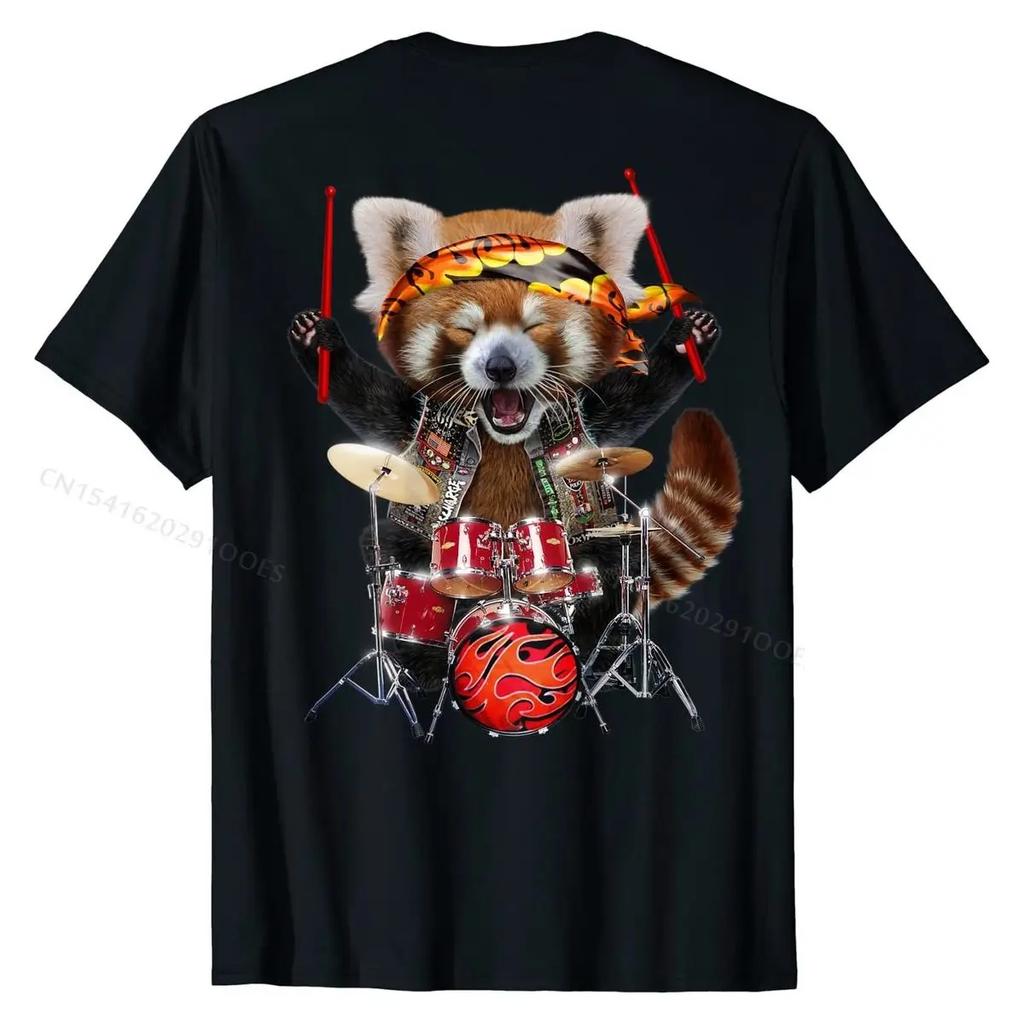 Punk Rock Red Panda Playing Drums T-Shirt FunnyDesign T Shirt Brand Cotton T Shirts
