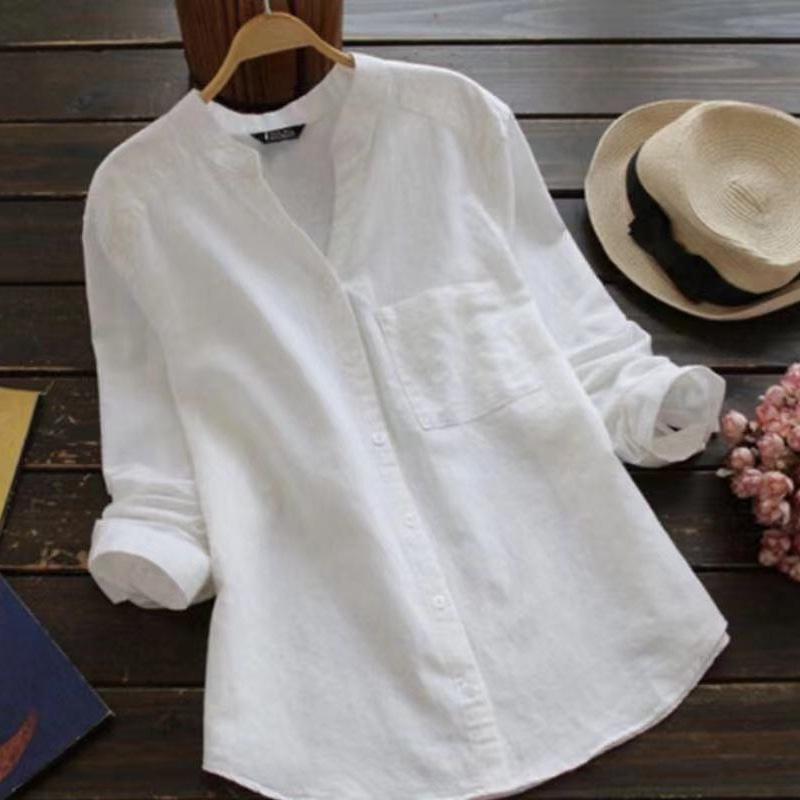 2022 Женский Хлопково-Льняной Повседневный Свободный Топ с Длинным Рукавом - Большой Размер Однотонный