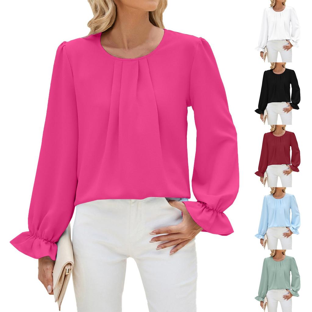 Women's Solid Color Round Neck Loose Long Sleeved Chiffon Top