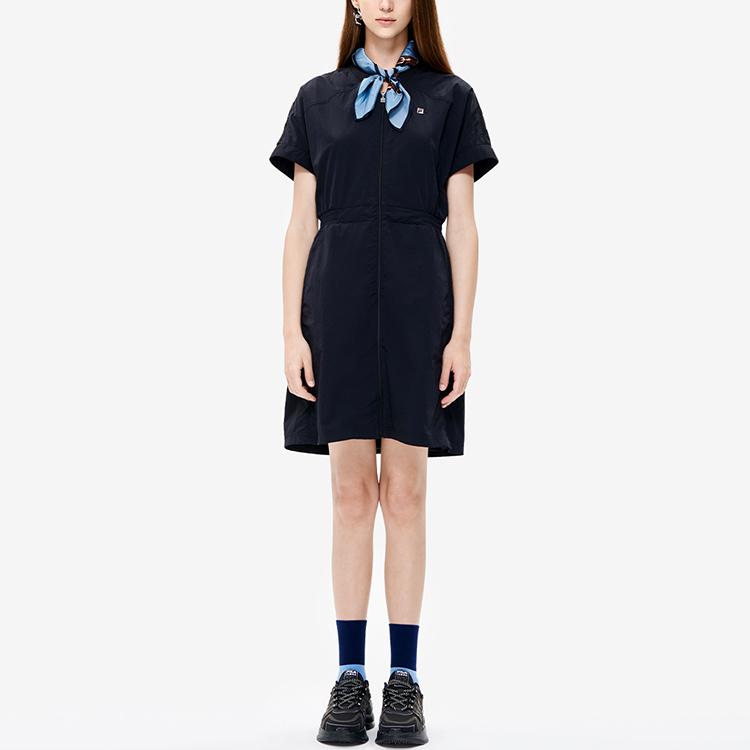 Fila Однотонное платье А-силуэта с акцентом на талии, свободного кроя, универсальное, тканое, с коротким рукавом, женское, черное F11W238302F-BK