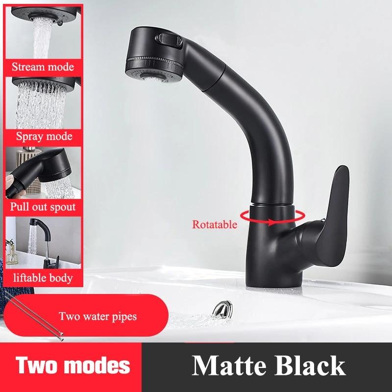 Matte Black Bathroom Basin Faucet Pull Out Spout Rotatable Liftable Body Deck Mounted Hot and Cold Water Mixer Tap
