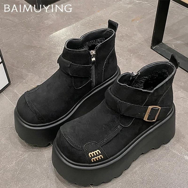 Ботильоны женские на платформе из меха, замшевые туфли на плоской подошве, модная женская обувь 2025 года, трендовая зимняя дизайнерская обувь для ходьбы, теплая повседневная женская обувь для снега
