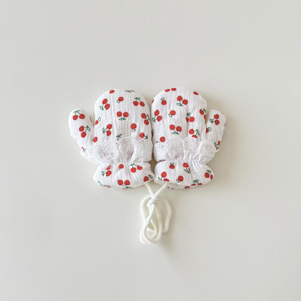 Fashion Baby Mittens Cute Floral Print Lace Winter Mittens for Girl Warm Plush Lined Thermal Toddler Kids Mittens