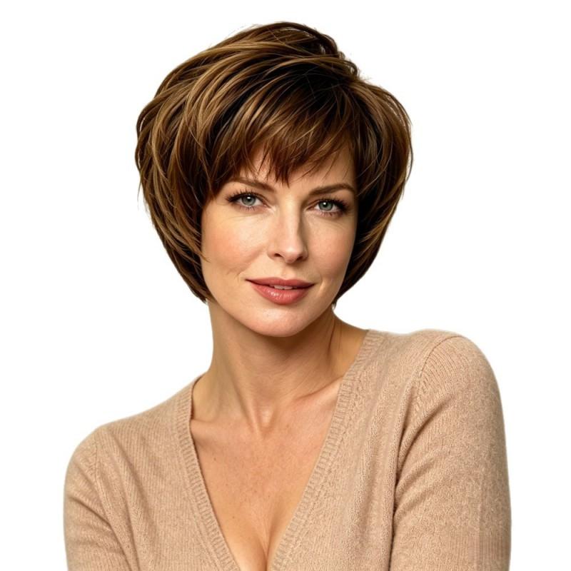 Short Straight Hair Wig Women Fashionable Textured Bob Synthetic Mechanically Light Brown