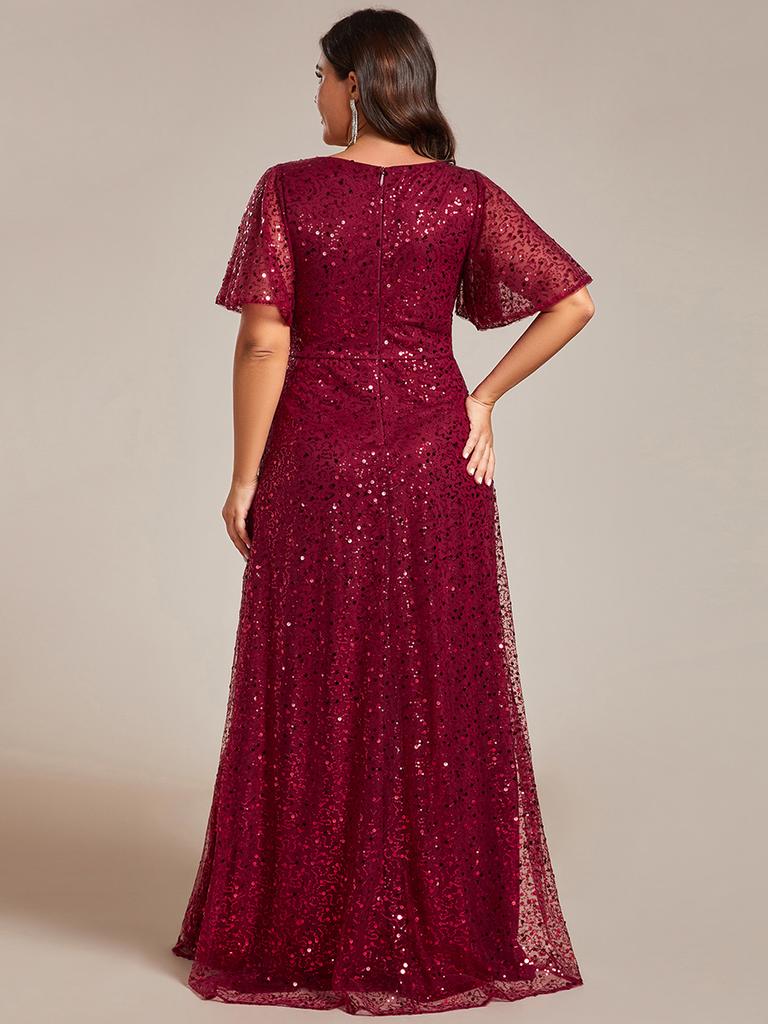 Ever-Pretty Women's Plus Size Shiny Sequin V-Neck A-Line Evening Dresses with Ruffles Sleeves